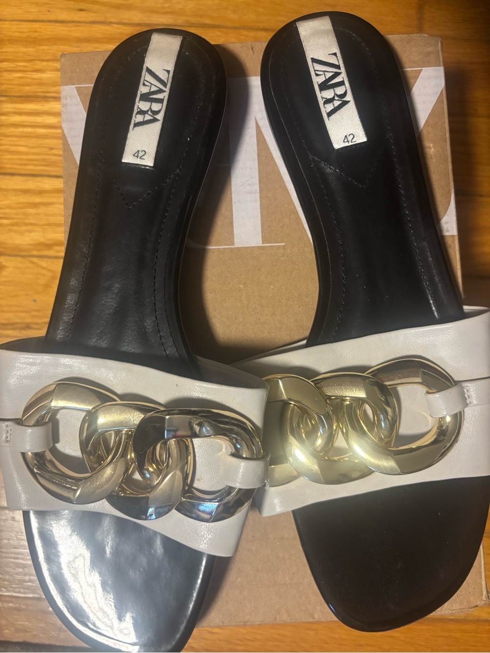 Zara Black Footbed White Slides with Gold Chain